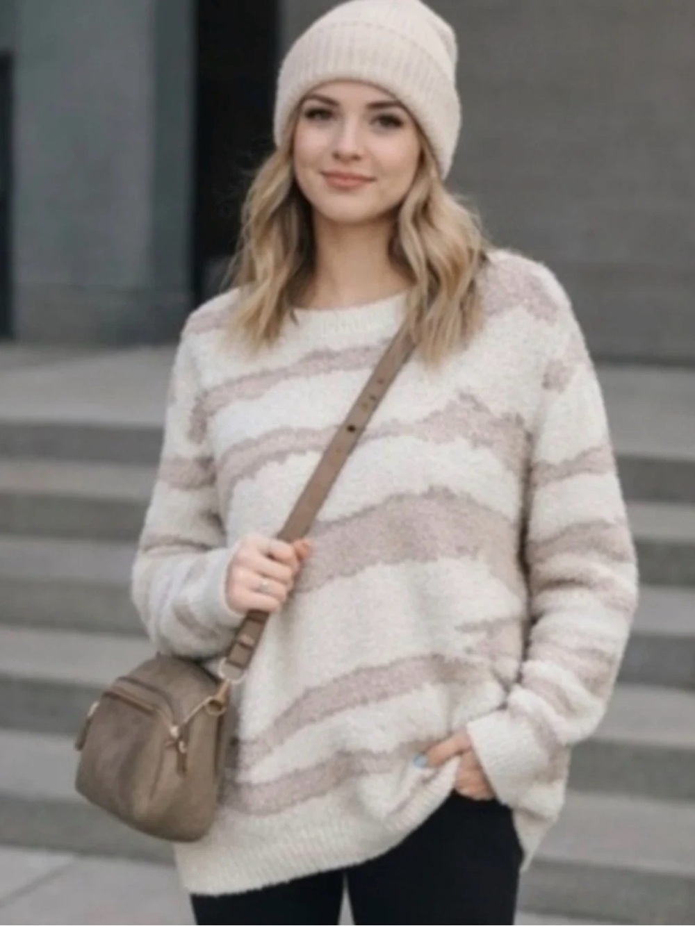 Barefoot Dreams Cream & Taupe Striped Crewneck Sweater